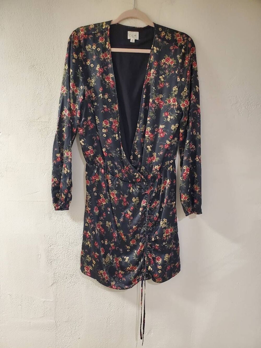 CAMI NYC Long Sleeve Silk Mini Dress in Black Rose Small